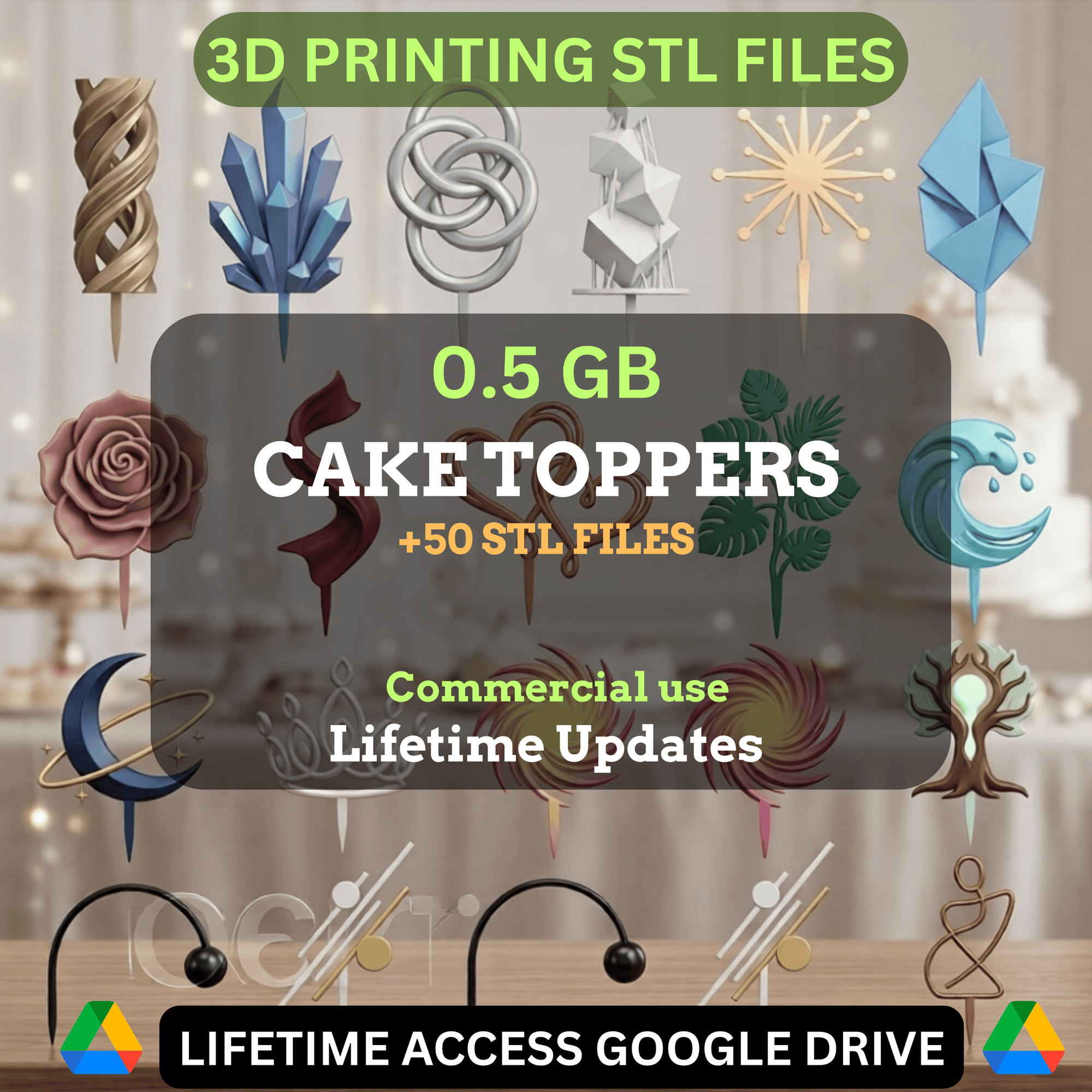 Cake Topper STL Mini Bundle: 50 Exclusive STL Files for 3D Printing | 0.5GB Lifetime Updates | Google Drive