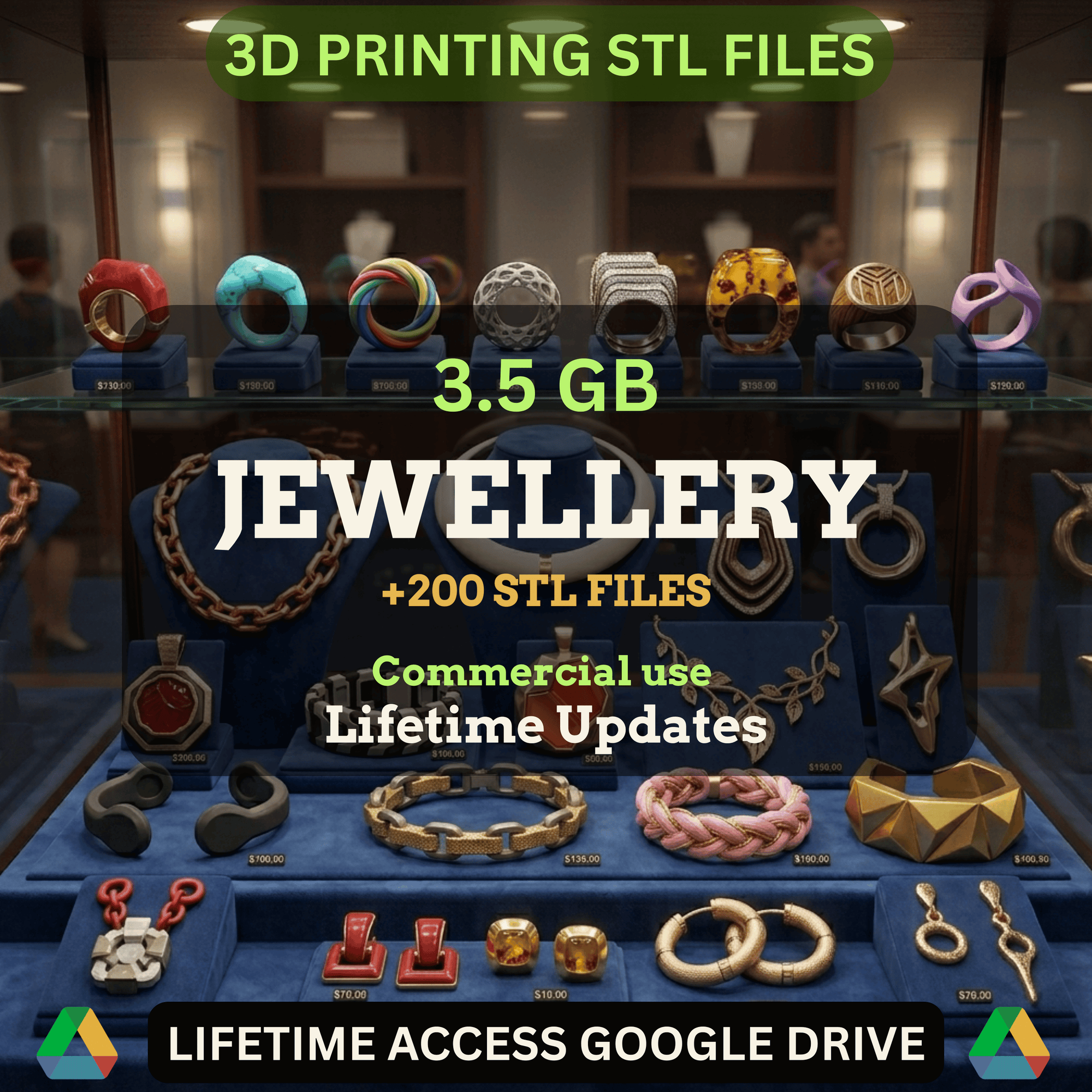Jewelry STL Mega Bundle: 200+ STL Files for 3D Printing | 3.5GB Lifetime Updates | Google Drive