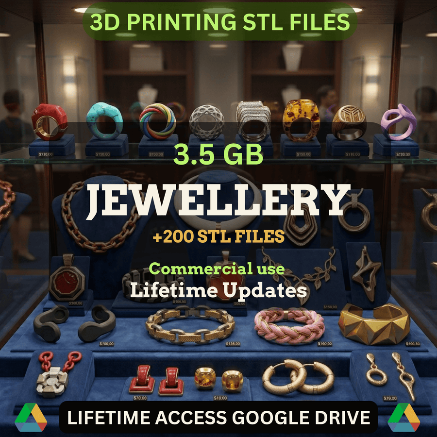 Jewelry STL Mega Bundle: 200+ STL Files for 3D Printing | 3.5GB Lifetime Updates | Google Drive