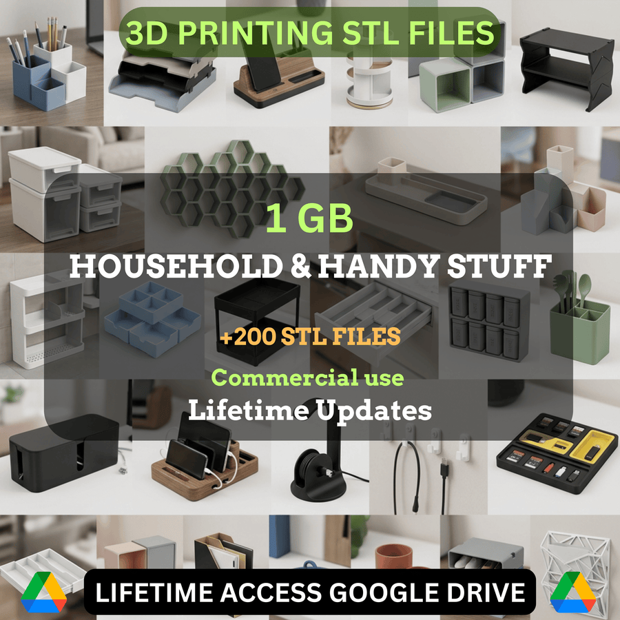 Household & Handy Stuff STL Mega Bundle: 200+ STL Files for 3D Printing | 1GB Lifetime Updates | Google Drive