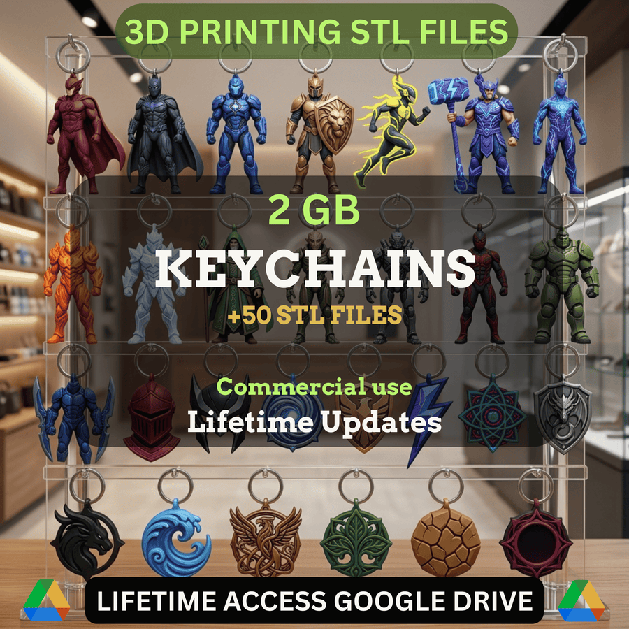 Keychain STL Mega Bundle: 50+ Exclusive STL Files for 3D Printing | 2GB Lifetime Updates | Google Drive