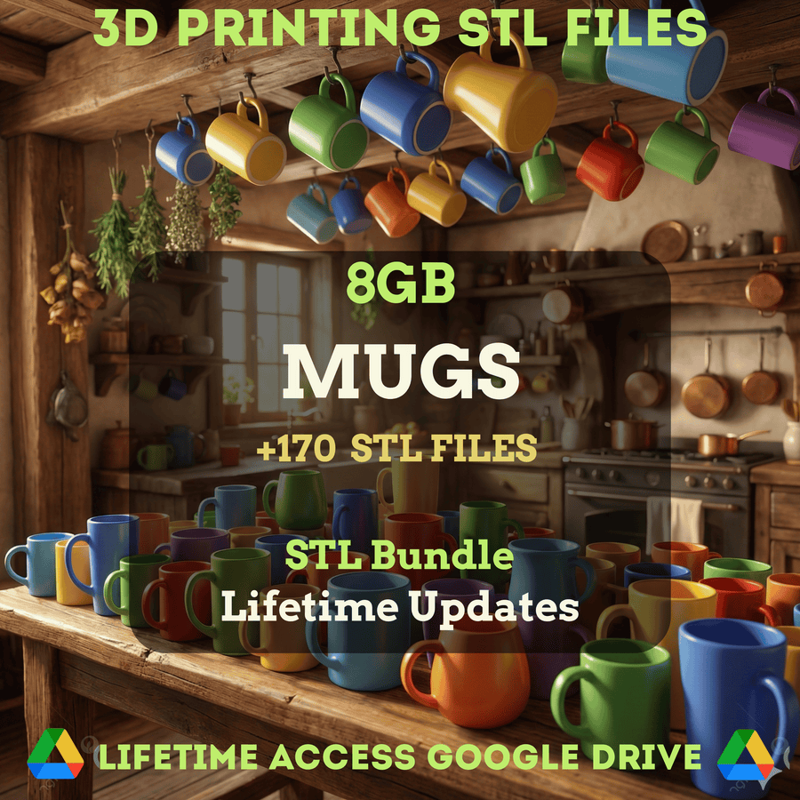 Mugs & Cups STL Mega Bundle: 170+ STL Files for 3D Printing | 8GB Lifetime Updates | Google Drive